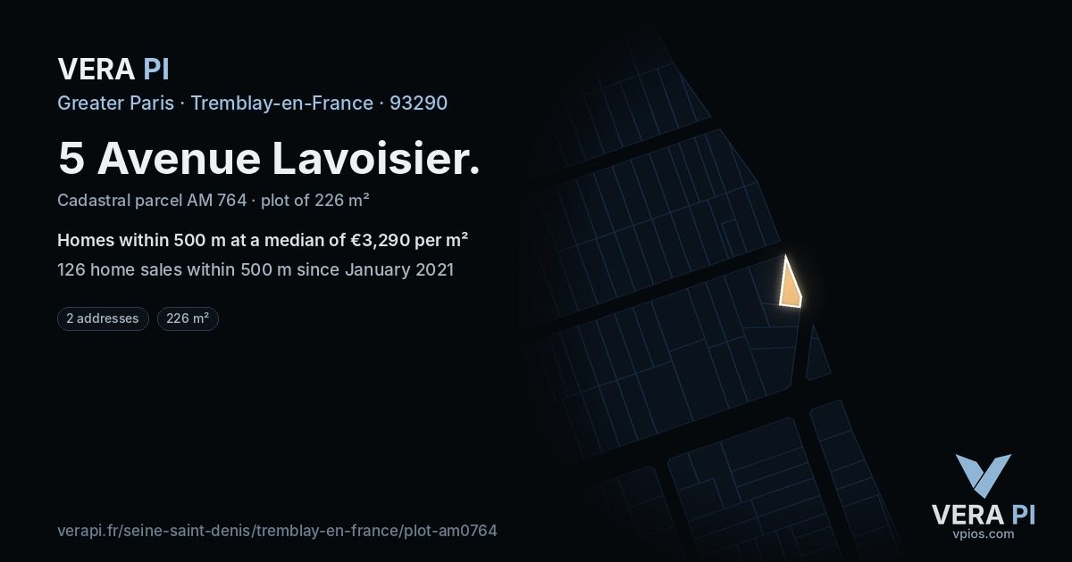 5 Avenue Lavoisier, Tremblay-en-France at night – the plot lit, the parcels around coloured by the prices near them