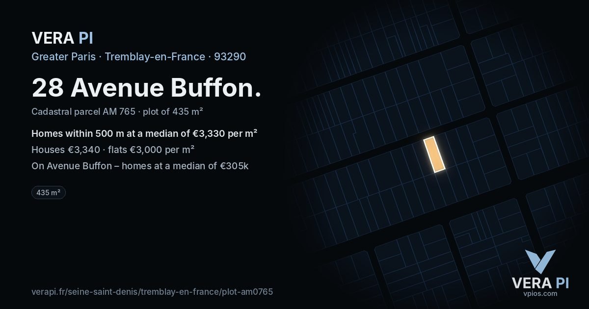 28 Avenue Buffon, Tremblay-en-France at night – the plot lit, the parcels around coloured by the prices near them