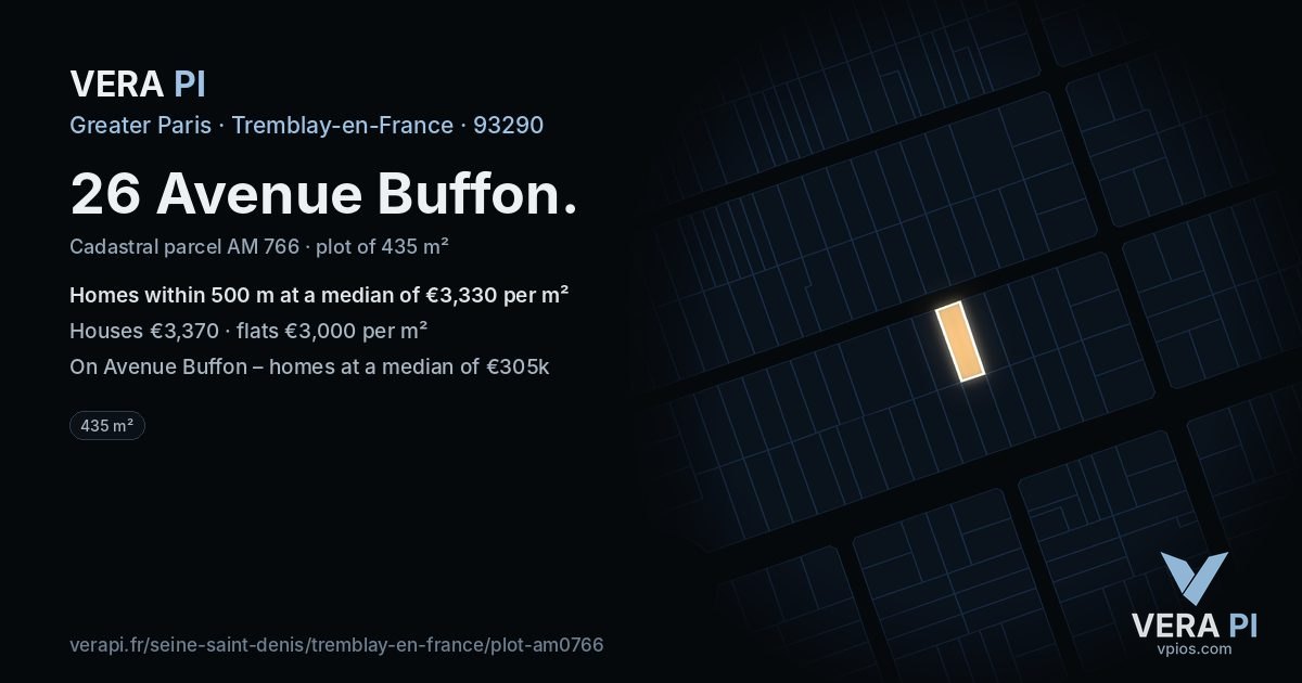 26 Avenue Buffon, Tremblay-en-France at night – the plot lit, the parcels around coloured by the prices near them