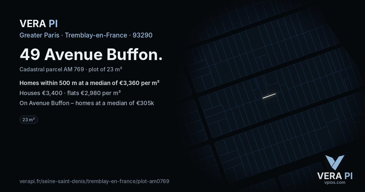 49 Avenue Buffon, Tremblay-en-France at night – the plot lit, the parcels around coloured by the prices near them