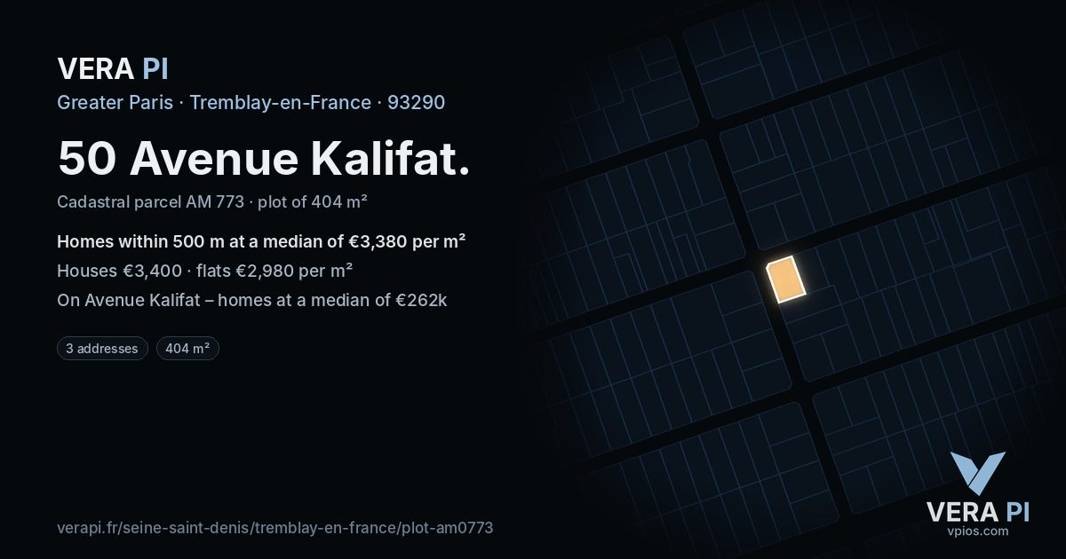 50 Avenue Kalifat, Tremblay-en-France at night – the plot lit, the parcels around coloured by the prices near them