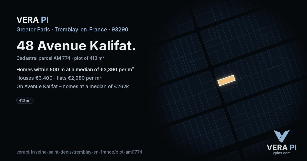 48 Avenue Kalifat, Tremblay-en-France at night – the plot lit, the parcels around coloured by the prices near them