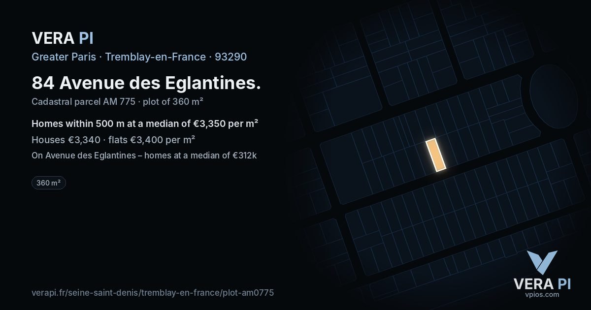 84 Avenue des Eglantines, Tremblay-en-France at night – the plot lit, the parcels around coloured by the prices near them