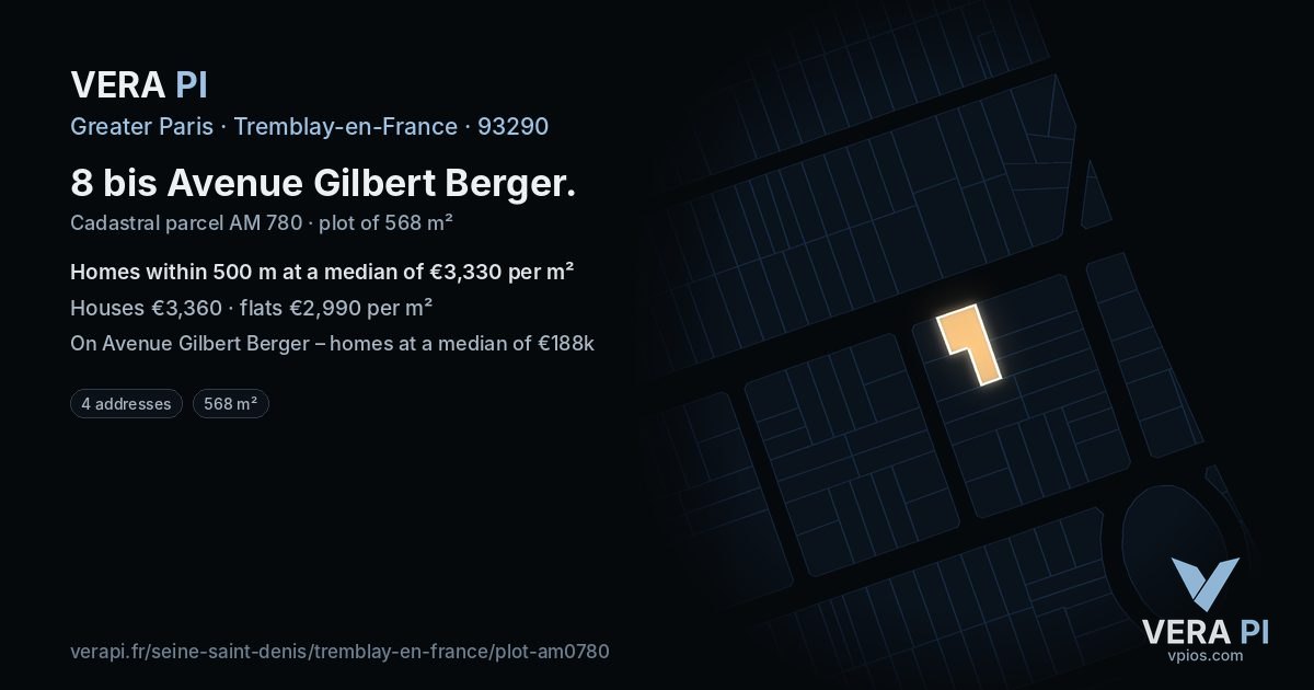 8 bis Avenue Gilbert Berger, Tremblay-en-France at night – the plot lit, the parcels around coloured by the prices near them