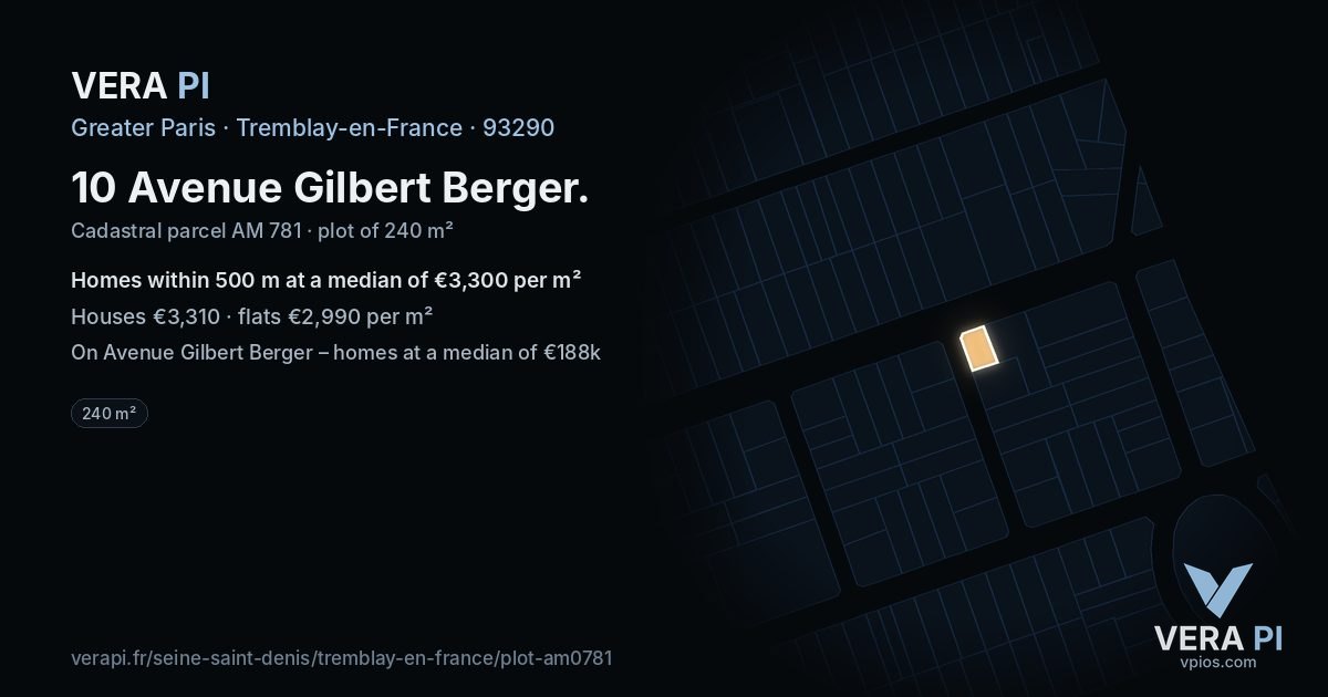 10 Avenue Gilbert Berger, Tremblay-en-France at night – the plot lit, the parcels around coloured by the prices near them