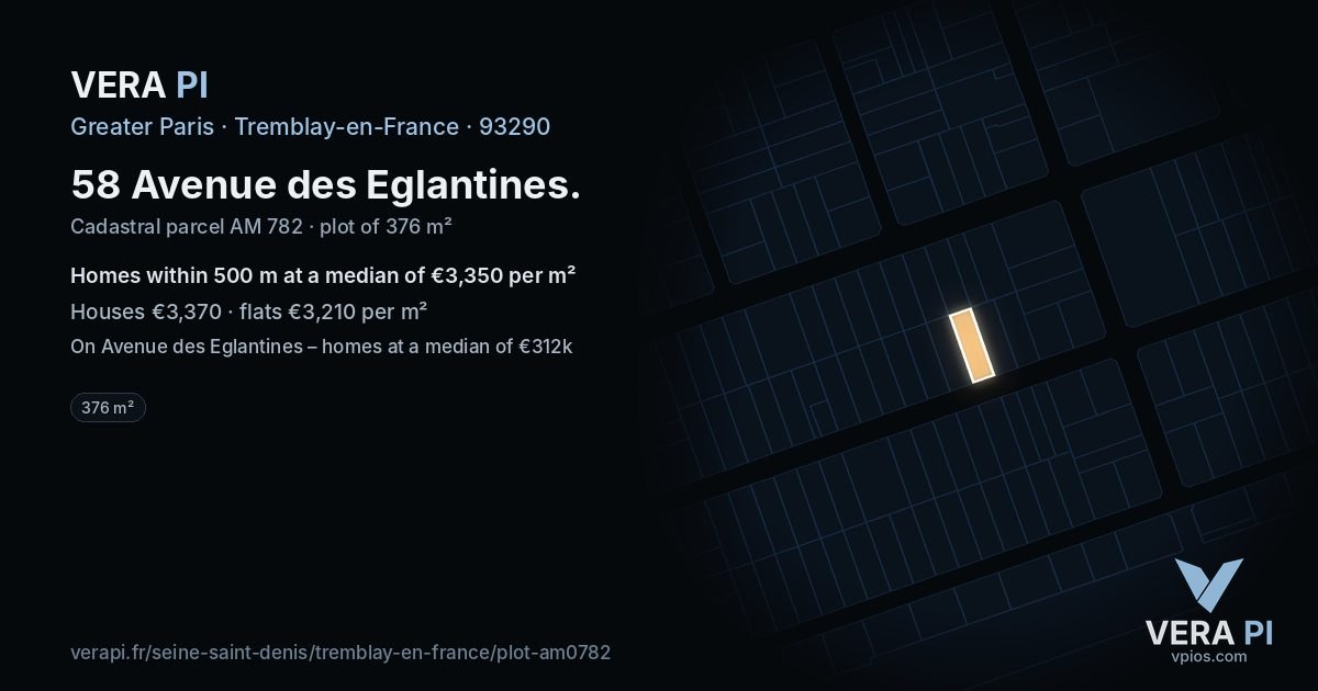 58 Avenue des Eglantines, Tremblay-en-France at night – the plot lit, the parcels around coloured by the prices near them