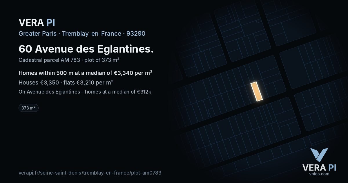 60 Avenue des Eglantines, Tremblay-en-France at night – the plot lit, the parcels around coloured by the prices near them
