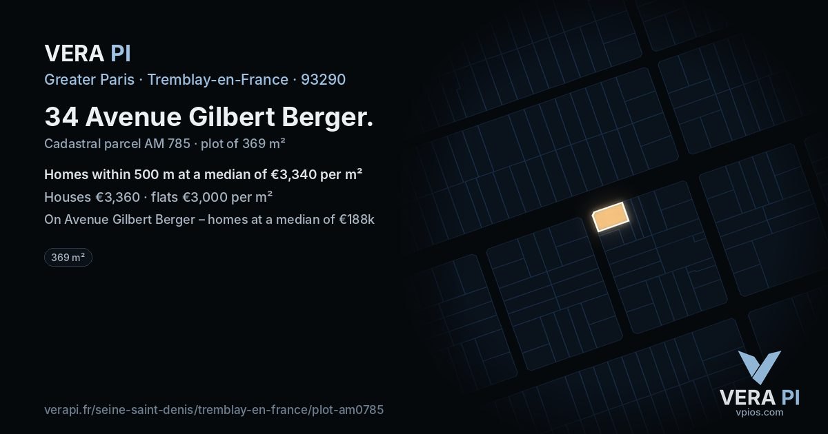 34 Avenue Gilbert Berger, Tremblay-en-France at night – the plot lit, the parcels around coloured by the prices near them