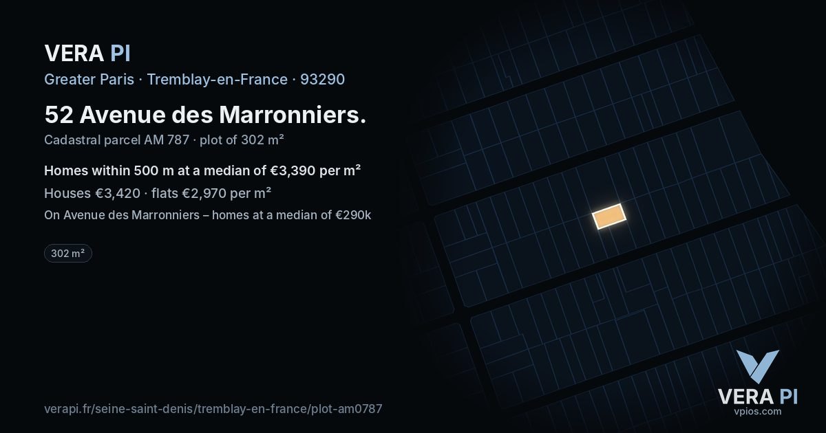 52 Avenue des Marronniers, Tremblay-en-France at night – the plot lit, the parcels around coloured by the prices near them