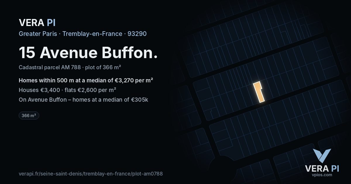 15 Avenue Buffon, Tremblay-en-France at night – the plot lit, the parcels around coloured by the prices near them