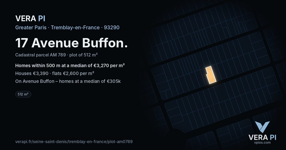 17 Avenue Buffon, Tremblay-en-France at night – the plot lit, the parcels around coloured by the prices near them