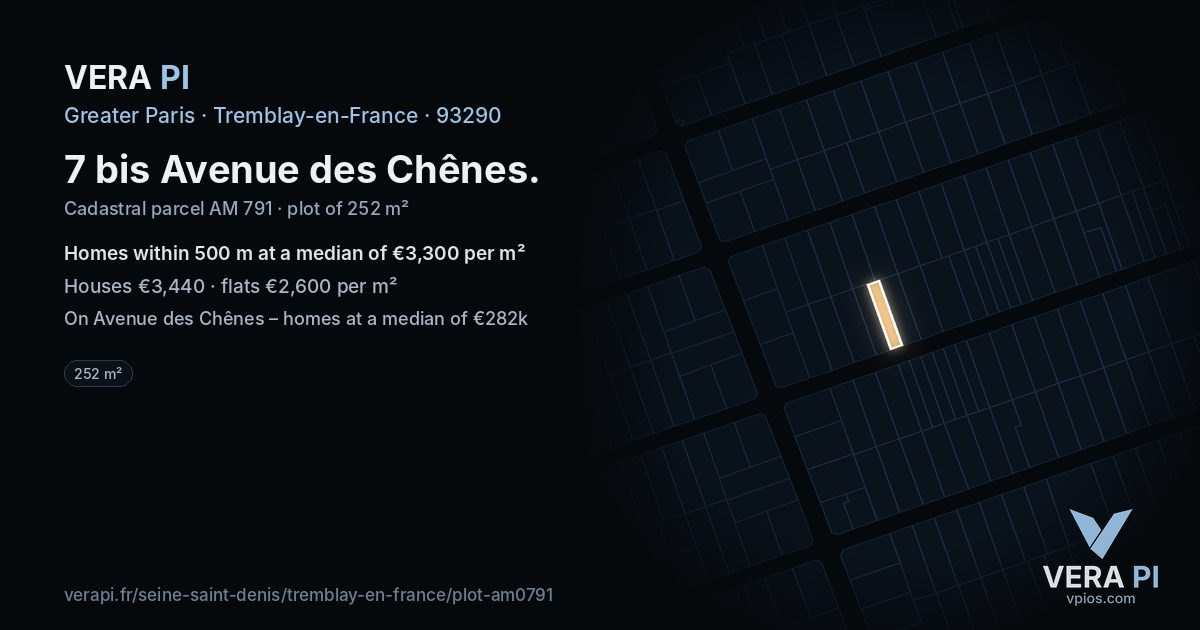 7 bis Avenue des Chênes, Tremblay-en-France at night – the plot lit, the parcels around coloured by the prices near them