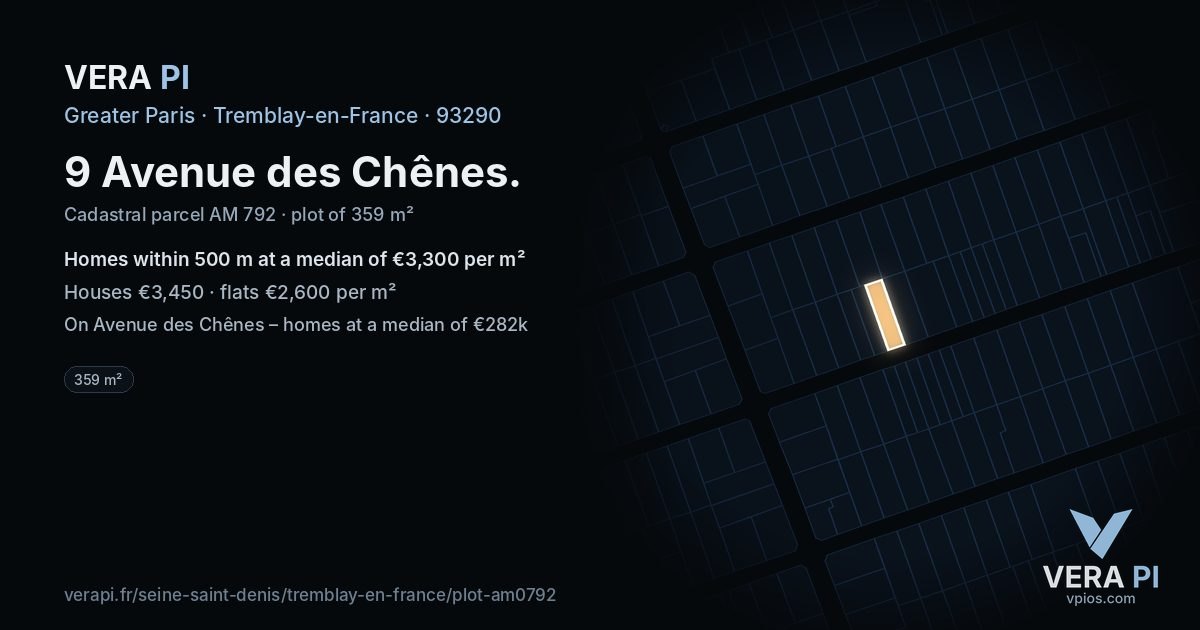 9 Avenue des Chênes, Tremblay-en-France at night – the plot lit, the parcels around coloured by the prices near them
