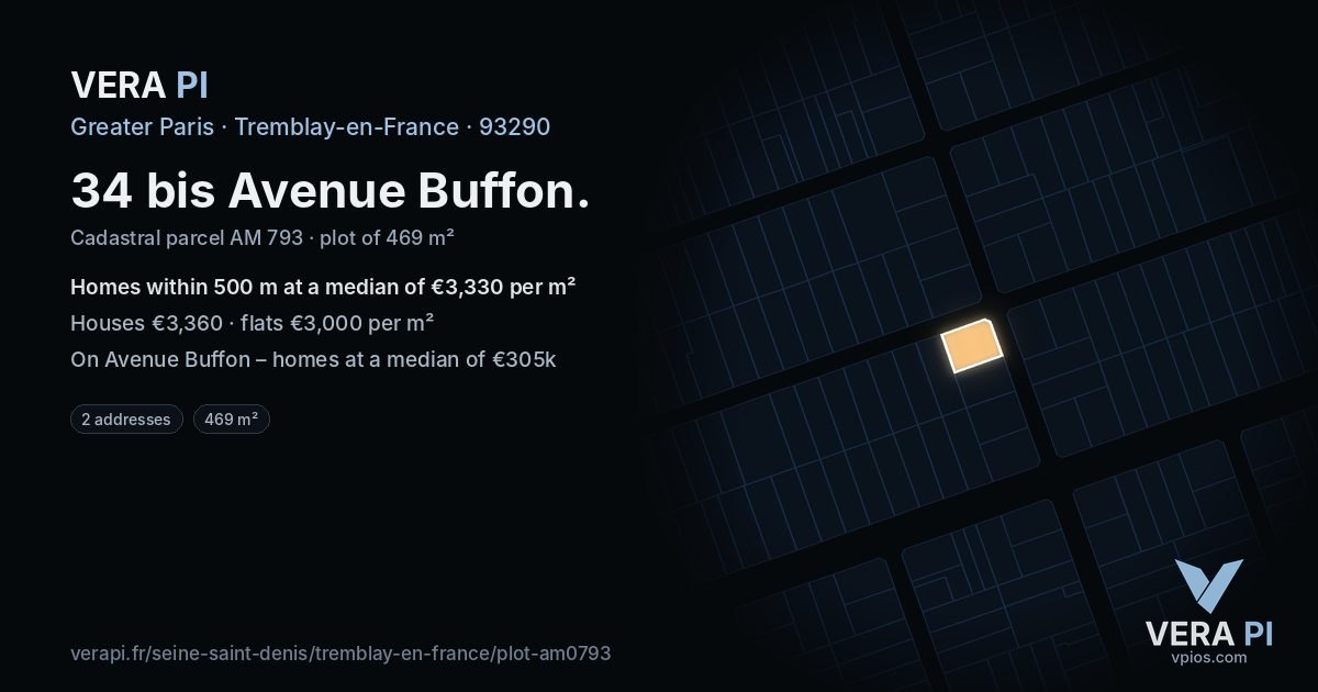 34 bis Avenue Buffon, Tremblay-en-France at night – the plot lit, the parcels around coloured by the prices near them