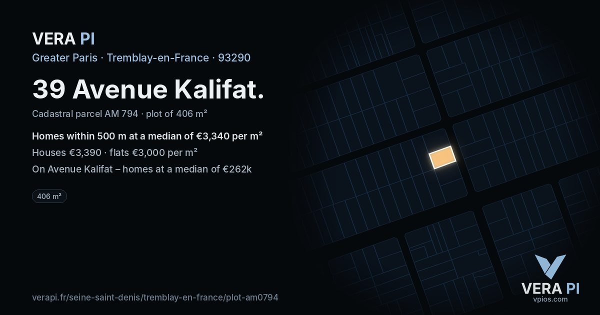 39 Avenue Kalifat, Tremblay-en-France at night – the plot lit, the parcels around coloured by the prices near them