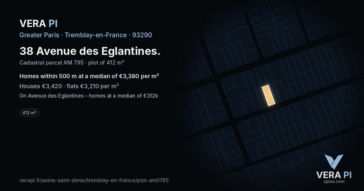 38 Avenue des Eglantines, Tremblay-en-France at night – the plot lit, the parcels around coloured by the prices near them