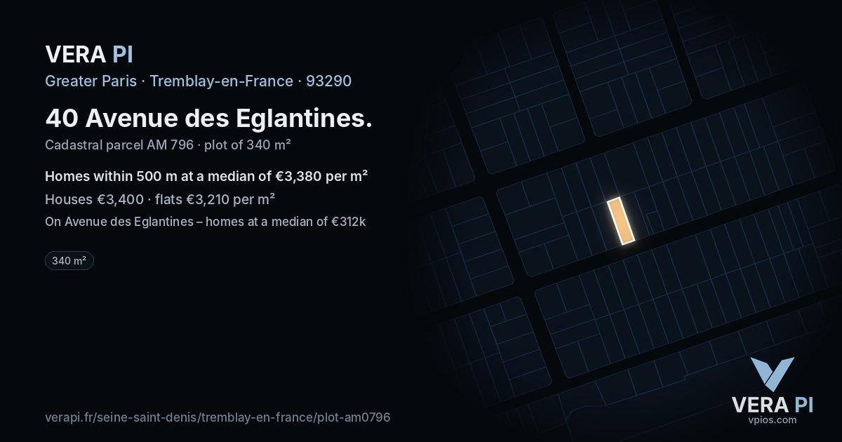 40 Avenue des Eglantines, Tremblay-en-France at night – the plot lit, the parcels around coloured by the prices near them