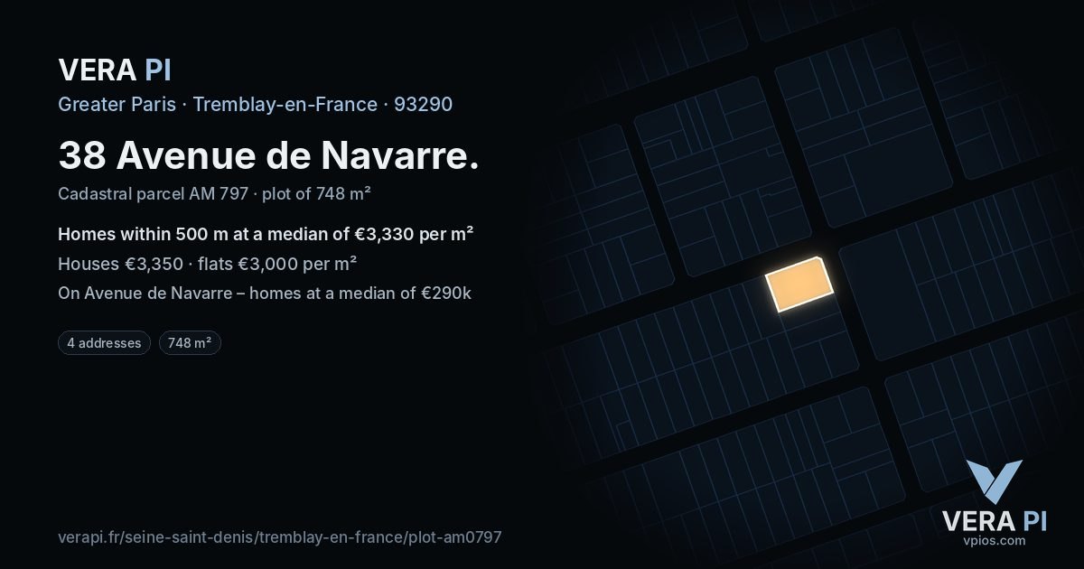 38 Avenue de Navarre, Tremblay-en-France at night – the plot lit, the parcels around coloured by the prices near them