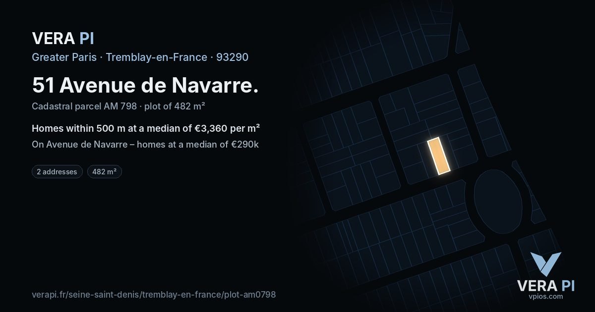 51 Avenue de Navarre, Tremblay-en-France at night – the plot lit, the parcels around coloured by the prices near them