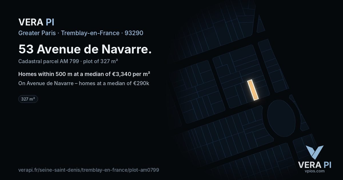 53 Avenue de Navarre, Tremblay-en-France at night – the plot lit, the parcels around coloured by the prices near them
