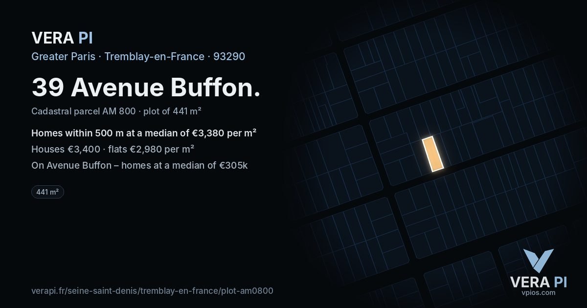 39 Avenue Buffon, Tremblay-en-France at night – the plot lit, the parcels around coloured by the prices near them