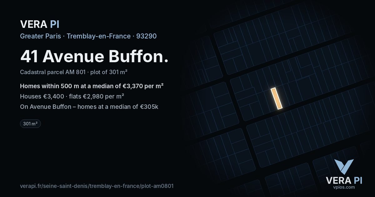 41 Avenue Buffon, Tremblay-en-France at night – the plot lit, the parcels around coloured by the prices near them