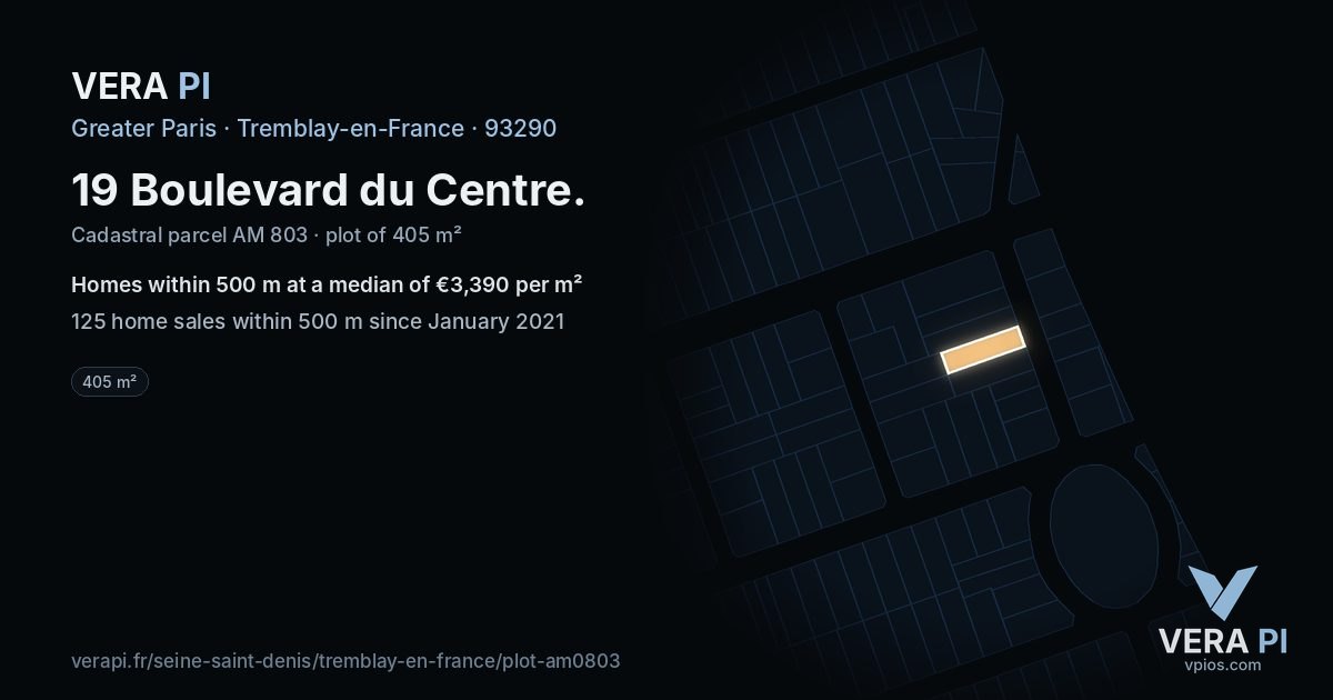 19 Boulevard du Centre, Tremblay-en-France at night – the plot lit, the parcels around coloured by the prices near them