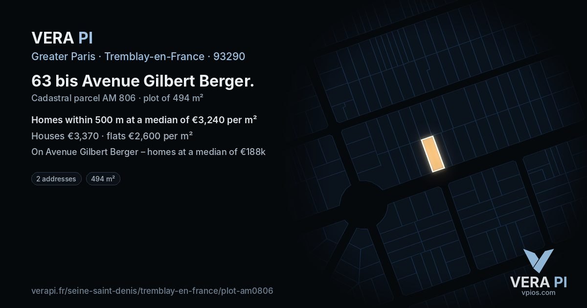 63 bis Avenue Gilbert Berger, Tremblay-en-France at night – the plot lit, the parcels around coloured by the prices near them