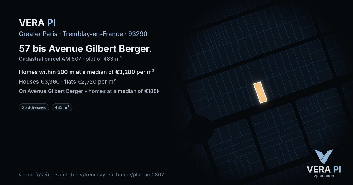 57 bis Avenue Gilbert Berger, Tremblay-en-France at night – the plot lit, the parcels around coloured by the prices near them