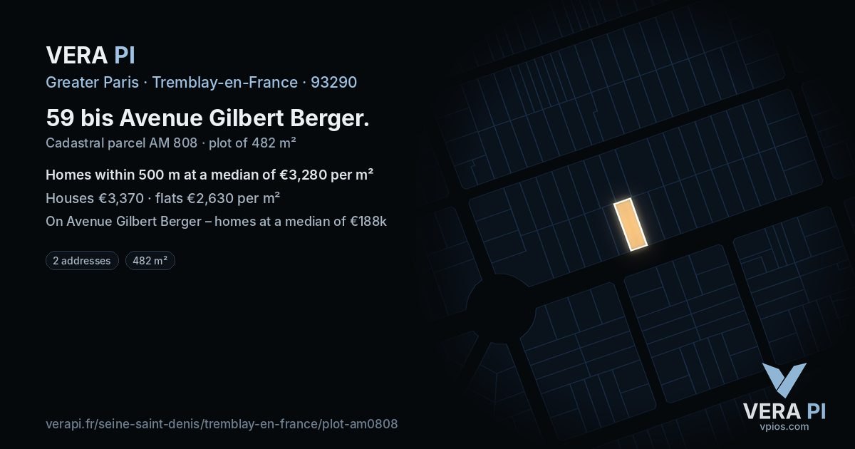 59 bis Avenue Gilbert Berger, Tremblay-en-France at night – the plot lit, the parcels around coloured by the prices near them