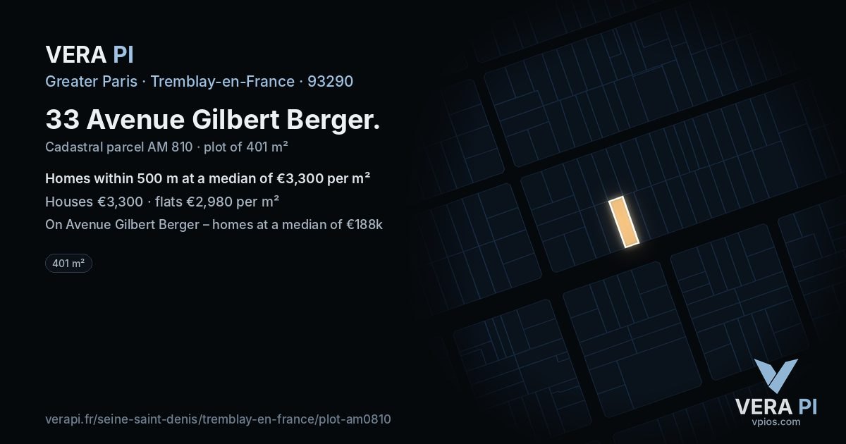 33 Avenue Gilbert Berger, Tremblay-en-France at night – the plot lit, the parcels around coloured by the prices near them