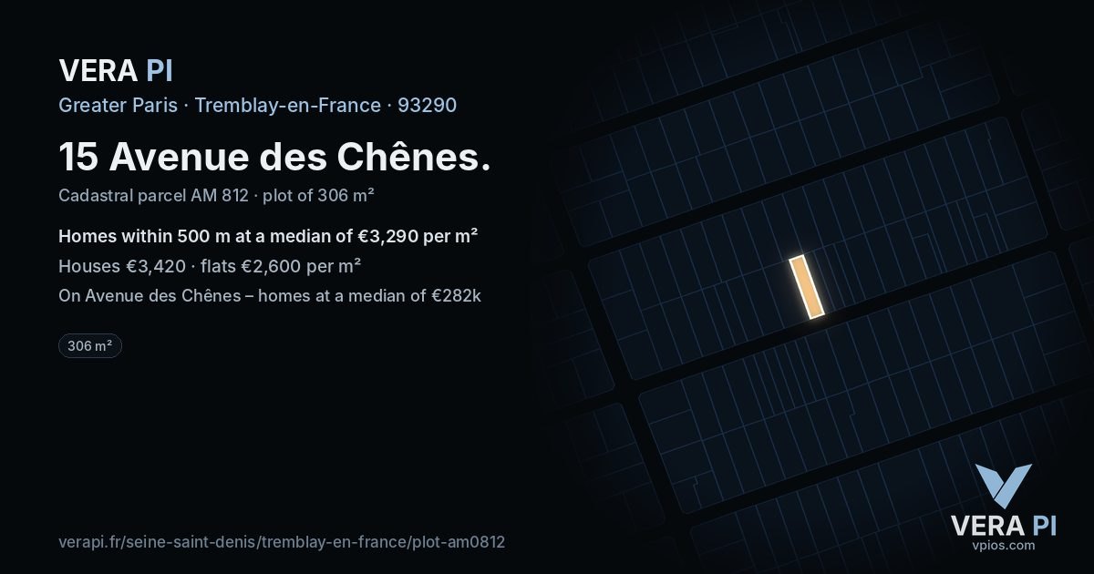 15 Avenue des Chênes, Tremblay-en-France at night – the plot lit, the parcels around coloured by the prices near them