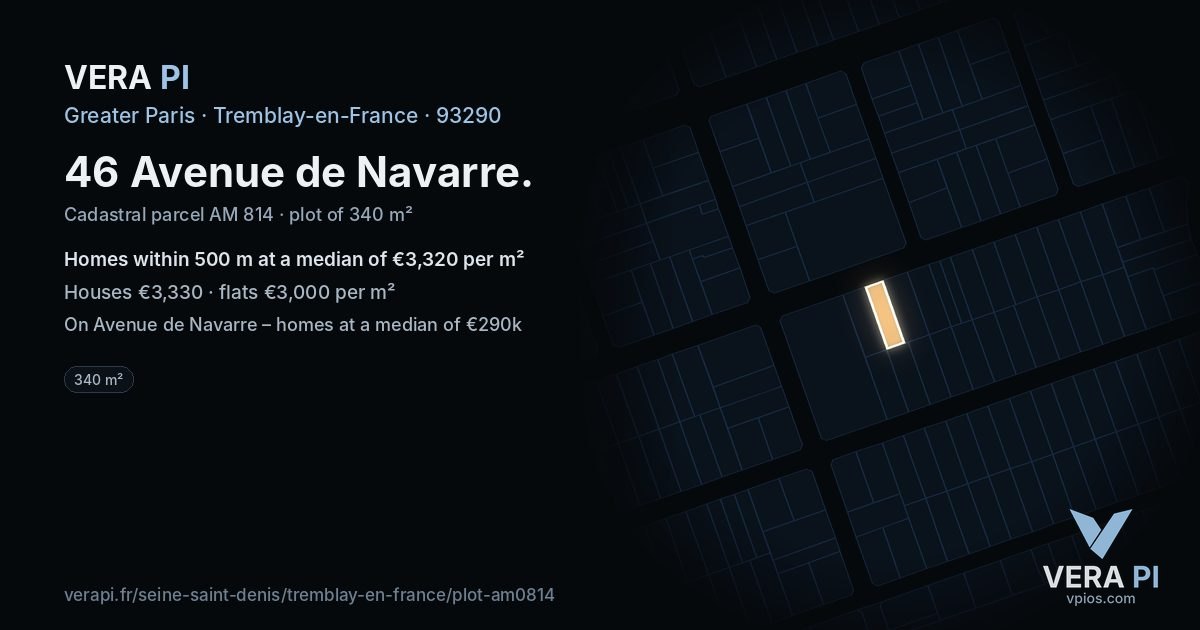 46 Avenue de Navarre, Tremblay-en-France at night – the plot lit, the parcels around coloured by the prices near them