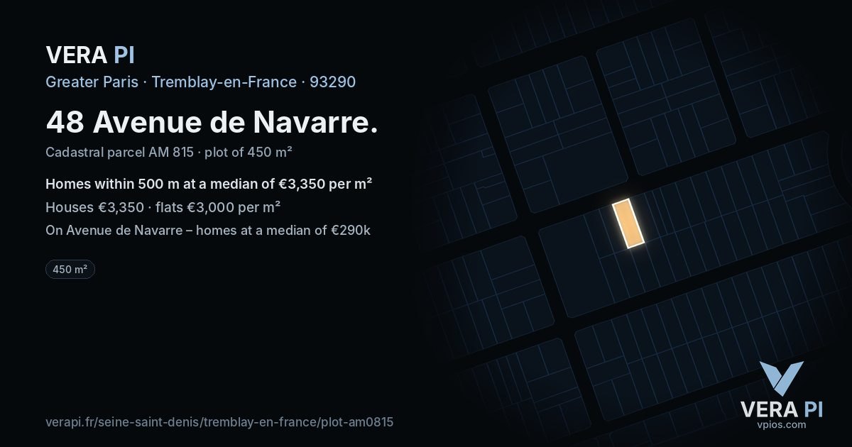 48 Avenue de Navarre, Tremblay-en-France at night – the plot lit, the parcels around coloured by the prices near them
