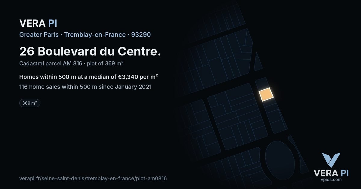 26 Boulevard du Centre, Tremblay-en-France at night – the plot lit, the parcels around coloured by the prices near them