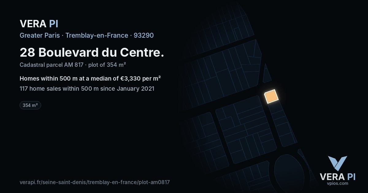 28 Boulevard du Centre, Tremblay-en-France at night – the plot lit, the parcels around coloured by the prices near them