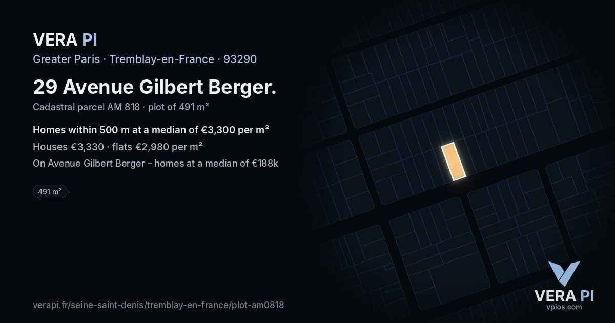 29 Avenue Gilbert Berger, Tremblay-en-France at night – the plot lit, the parcels around coloured by the prices near them