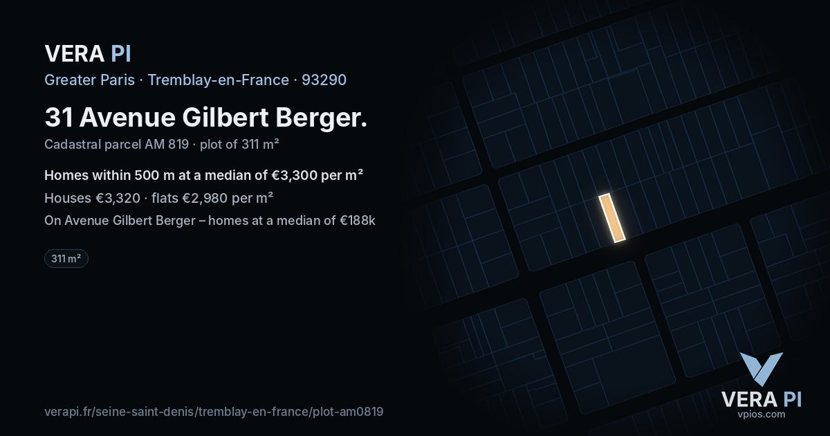 31 Avenue Gilbert Berger, Tremblay-en-France at night – the plot lit, the parcels around coloured by the prices near them