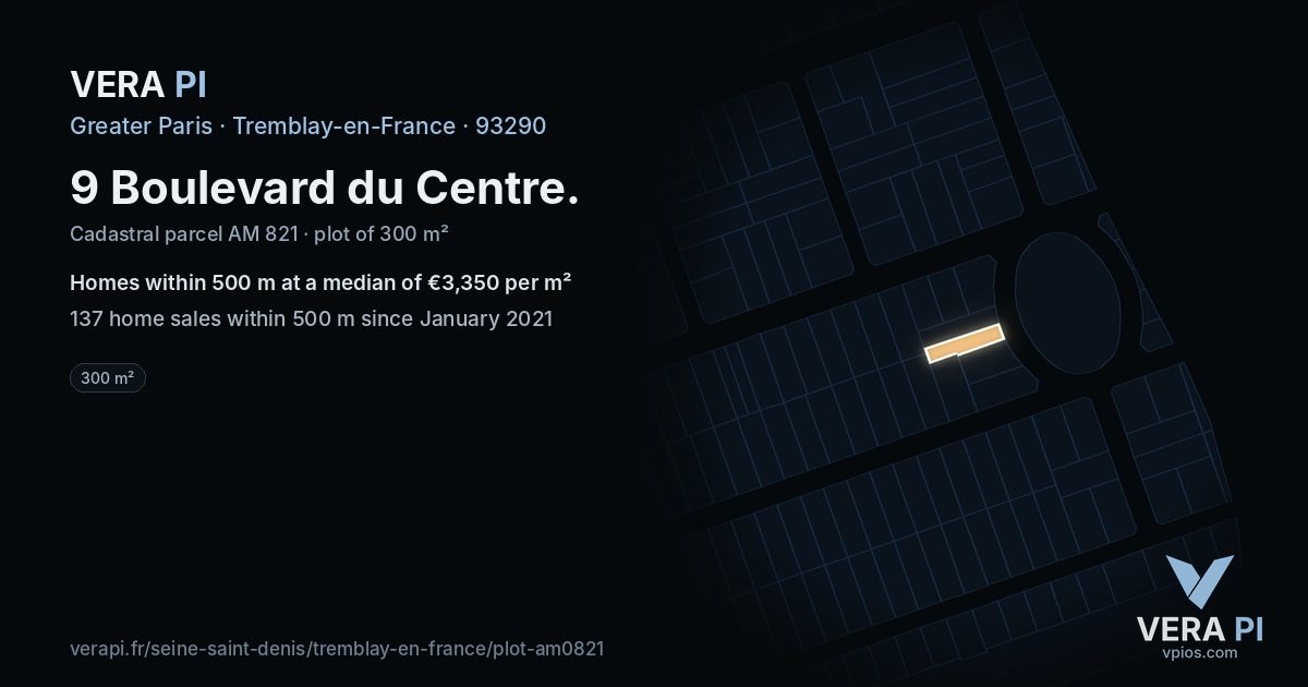 9 Boulevard du Centre, Tremblay-en-France at night – the plot lit, the parcels around coloured by the prices near them