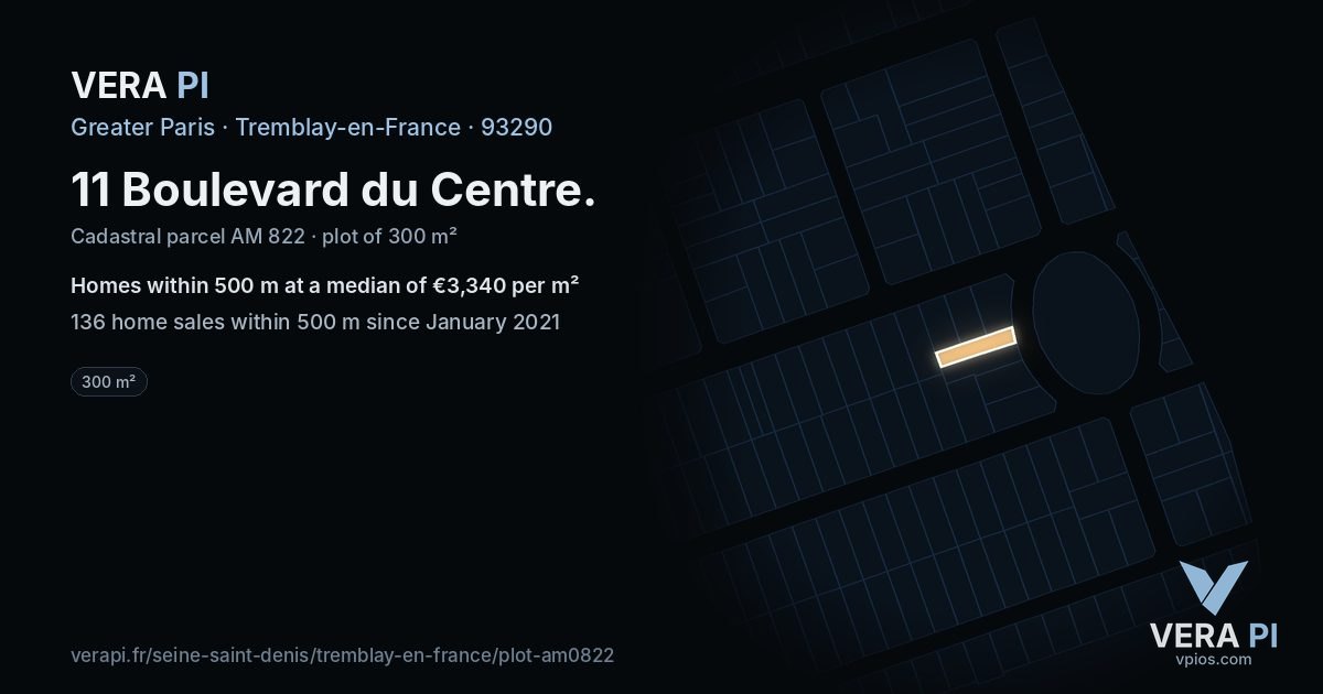 11 Boulevard du Centre, Tremblay-en-France at night – the plot lit, the parcels around coloured by the prices near them