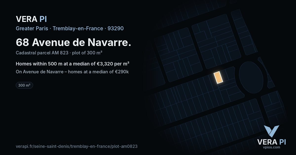 68 Avenue de Navarre, Tremblay-en-France at night – the plot lit, the parcels around coloured by the prices near them