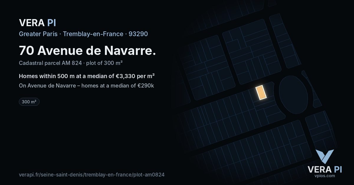 70 Avenue de Navarre, Tremblay-en-France at night – the plot lit, the parcels around coloured by the prices near them
