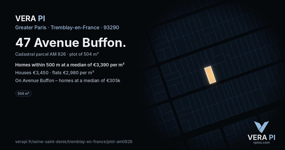47 Avenue Buffon, Tremblay-en-France at night – the plot lit, the parcels around coloured by the prices near them