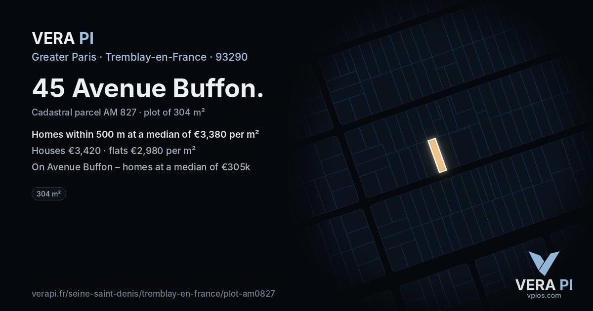 45 Avenue Buffon, Tremblay-en-France at night – the plot lit, the parcels around coloured by the prices near them