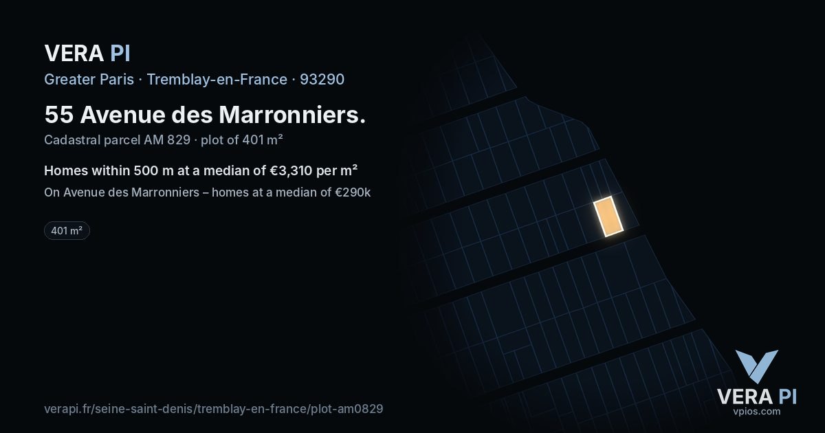 55 Avenue des Marronniers, Tremblay-en-France at night – the plot lit, the parcels around coloured by the prices near them
