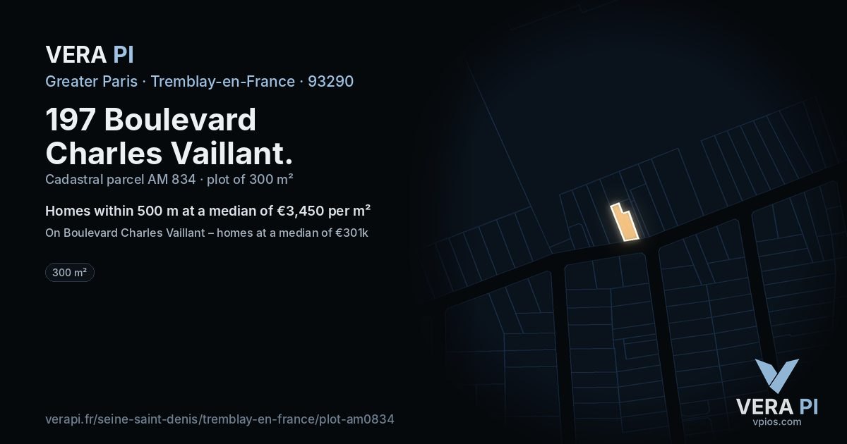 197 Boulevard Charles Vaillant, Tremblay-en-France at night – the plot lit, the parcels around coloured by the prices near them