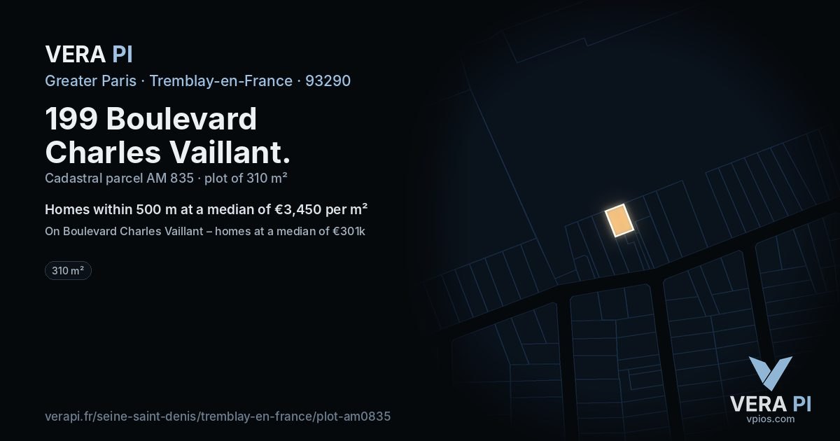 199 Boulevard Charles Vaillant, Tremblay-en-France at night – the plot lit, the parcels around coloured by the prices near them