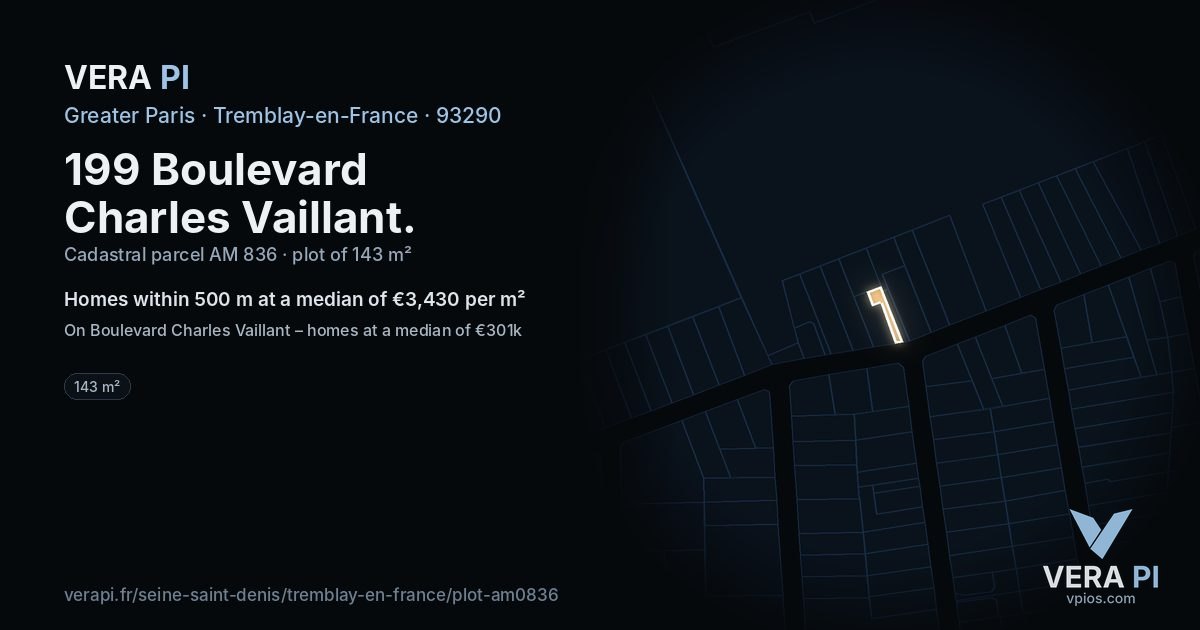 199 Boulevard Charles Vaillant, Tremblay-en-France at night – the plot lit, the parcels around coloured by the prices near them