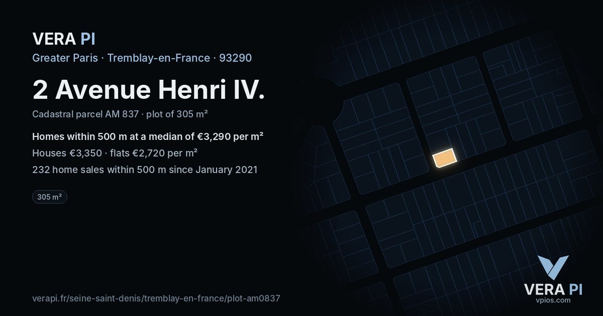 2 Avenue Henri IV, Tremblay-en-France at night – the plot lit, the parcels around coloured by the prices near them