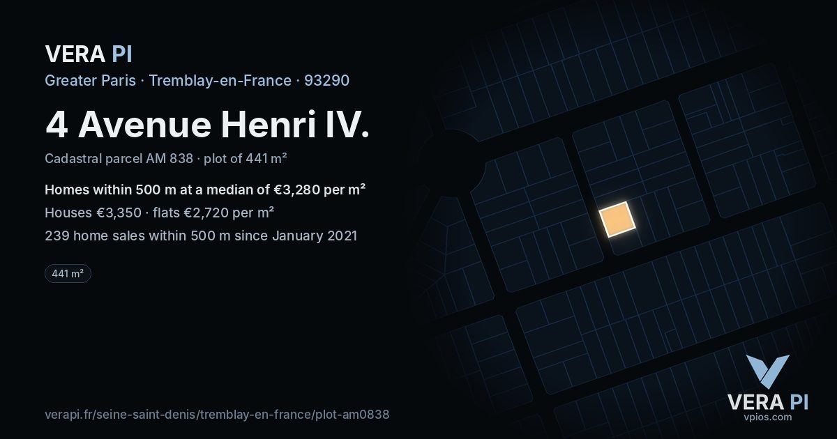 4 Avenue Henri IV, Tremblay-en-France at night – the plot lit, the parcels around coloured by the prices near them